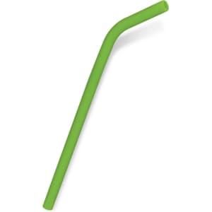 A green silicone straw angled at one end, designed for use with various drinkware.