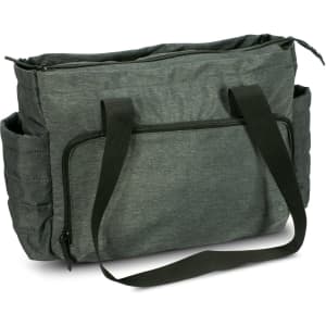 A dark grey tote bag with shoulder straps and side pockets, featuring a zip closure and a textured design.