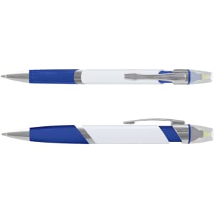 A highlighter pen featuring a sleek design with blue and white accents, equipped with a clip and a retractable tip.