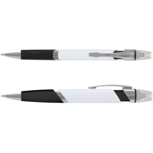 A highlighter pen featuring a black and white design with a clear barrel and a grey clip.