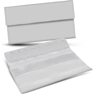 A grey reusable snack pouch with a flap closure and Velcro fasteners, featuring a simple design and a logo.