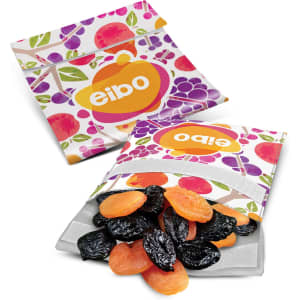 A colourful reusable food pouch featuring a variety of fruit designs, filled with dried fruits. It has a logo.