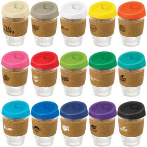 A drink bottle with a cork band and a coloured lid, featuring various designs in shades like grey, yellow, pink, green, and purple.
