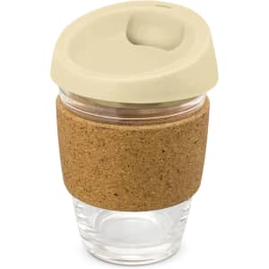 A drink bottle with a clear glass body, a cork band, and a beige silicone lid.