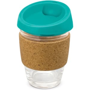 A drink bottle with a transparent glass body, a cork band around the middle, and a turquoise lid.