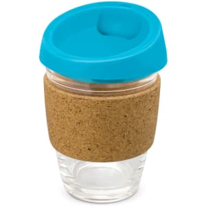 A drink bottle featuring a glass body, a cork band for grip, and a bright blue silicone lid.
