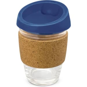 A drink bottle featuring a clear glass body, a cork band for grip, and a blue silicone lid.
