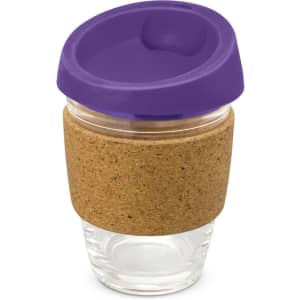 A drink bottle featuring a clear glass body, a cork band for grip, and a purple silicone lid.