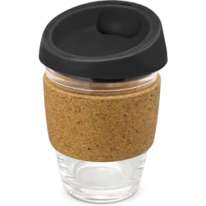 A drink bottle featuring a clear glass body with a cork band and a black lid.