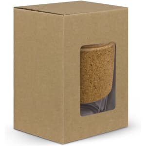A drink bottle with a cork band is displayed in a kraft paper box with a clear window.
