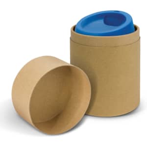 A drink bottle with a blue lid, packaged in a brown cardboard container. The container is partially open.