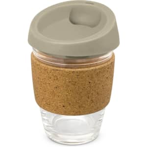 A drink bottle featuring a glass design with a cork band around the middle and a matching lid.
