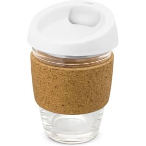 A drink bottle with a transparent glass body and a white lid features a cork band wrapped around its midsection.
