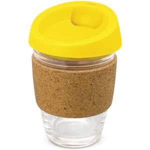A drink bottle with a cork band and a yellow lid, featuring a clear glass body.
