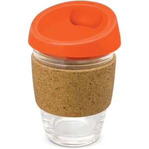 A drink bottle featuring a clear glass body, a cork band for grip, and an orange silicone lid.