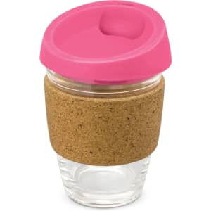 A drink bottle featuring a glass body, a cork band for grip, and a bright pink silicone lid.