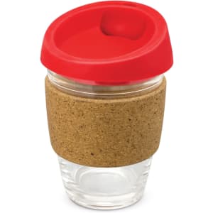 A drink bottle with a glass body, cork band, and red silicone lid, showcasing a modern and eco-friendly design.