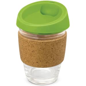 A drink bottle with a glass body, complemented by a cork band and a green silicone lid.