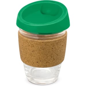 A drink bottle with a clear glass body, a cork band around the middle, and a green silicone lid.
