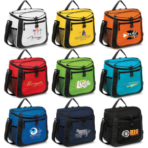 A collection of nine cooler bags in various colours, each featuring a different logo or branding design.