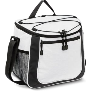 A cooler bag in grey with black accents, featuring a top handle and zippered compartments. It has a mesh side pocket.