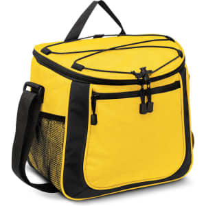 A yellow cooler bag with black accents features zippers and a mesh pocket, designed for carrying food and drinks.