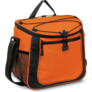An orange cooler bag with black accents, featuring zippers and a mesh pocket. Includes a shoulder strap for carrying.