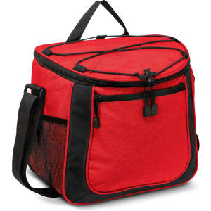 A red cooler bag with black accents, featuring zippers, a mesh pocket, and a shoulder strap. It has a logo on the front.