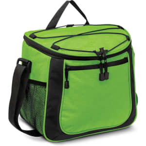 A green cooler bag with black accents, featuring multiple compartments and a shoulder strap. It has a mesh side pocket.