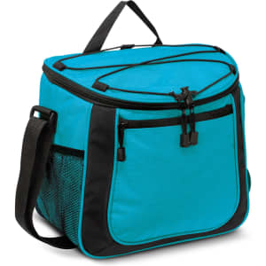 A teal cooler bag with black accents, featuring a top handle, side mesh pocket, and zippered compartments.