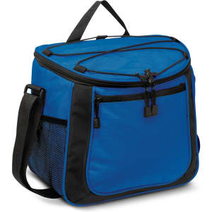 A blue cooler bag with a black trim, featuring zippers and a mesh side pocket. It has a shoulder strap for easy carrying.