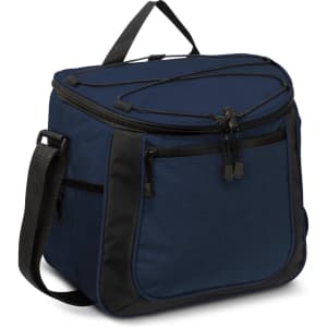 A dark navy cooler bag with a zippered top and two front pockets, featuring a shoulder strap and handle.