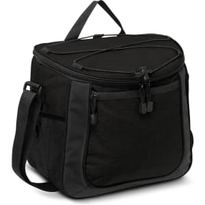 A black cooler bag with a zippered top, featuring side pockets and a detachable shoulder strap.