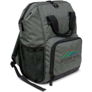A grey cooler backpack with black accents and a front zip pocket, featuring a logo on the side.