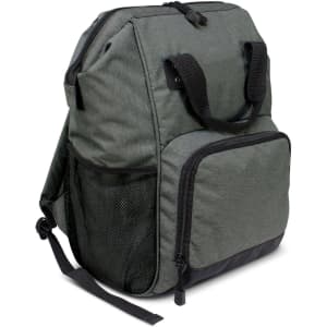 A grey cooler backpack featuring a front zip pocket and side mesh pocket, with dual straps and a handle.