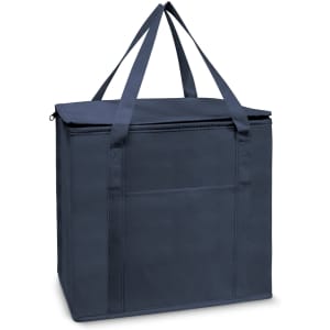 A navy cooler bag with dual handles and a zip closure, featuring a front pocket and a logo.