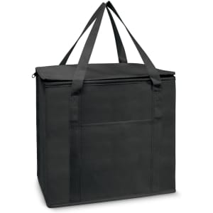 A black cooler bag with a zippered top and dual carrying handles, featuring a flat front pocket.