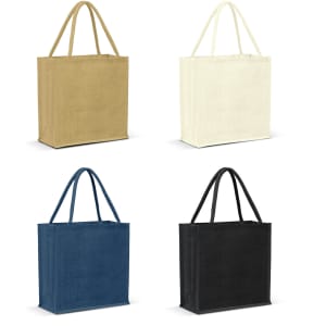 A collection of four jute tote bags in beige, cream, navy, and black, each with two handles and a logo.