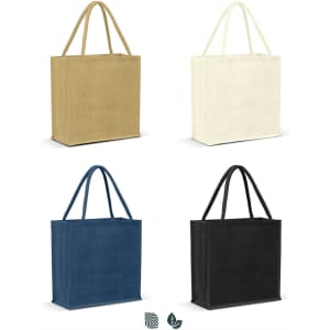 A jute tote bag collection featuring natural, cream, navy, and black colours, each with handles and a logo.
