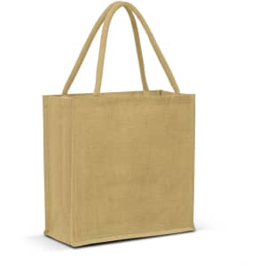 A jute tote bag in a natural beige color with sturdy handles and a simple rectangular design.
