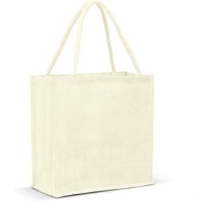 A jute tote bag in a light cream colour with two sturdy handles and a simple, unadorned design.