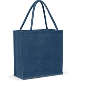 A jute tote bag in a deep blue color, featuring sturdy handles and a simple, spacious design.