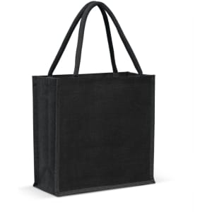 A black jute tote bag with sturdy handles and a simplistic design, featuring a branding logo.