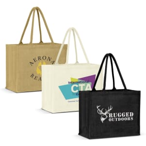 Three jute tote bags in tan, cream, and black, each featuring a different logo or branding design.