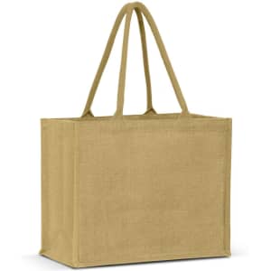 A jute tote bag in a light brown colour, featuring two sturdy handles and a plain exterior.