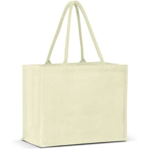 A light green jute tote bag with two handles and a minimalist design. It features a branding logo.