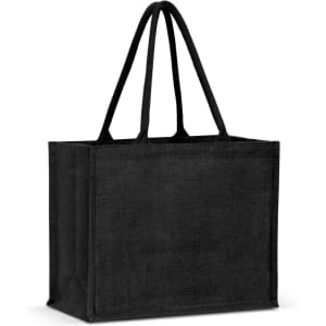 A black jute tote bag with two handles, featuring an unbranded design.