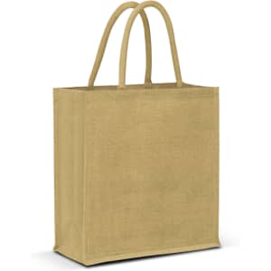 A jute tote bag in a soft yellow hue with two sturdy handles and a blank design. It features a logo.