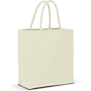A jute tote bag in a soft cream colour with two handles and a simple design. It features a logo on one side.