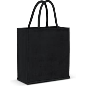 A black jute tote bag with two handles and a spacious interior, featuring a logo on one side.